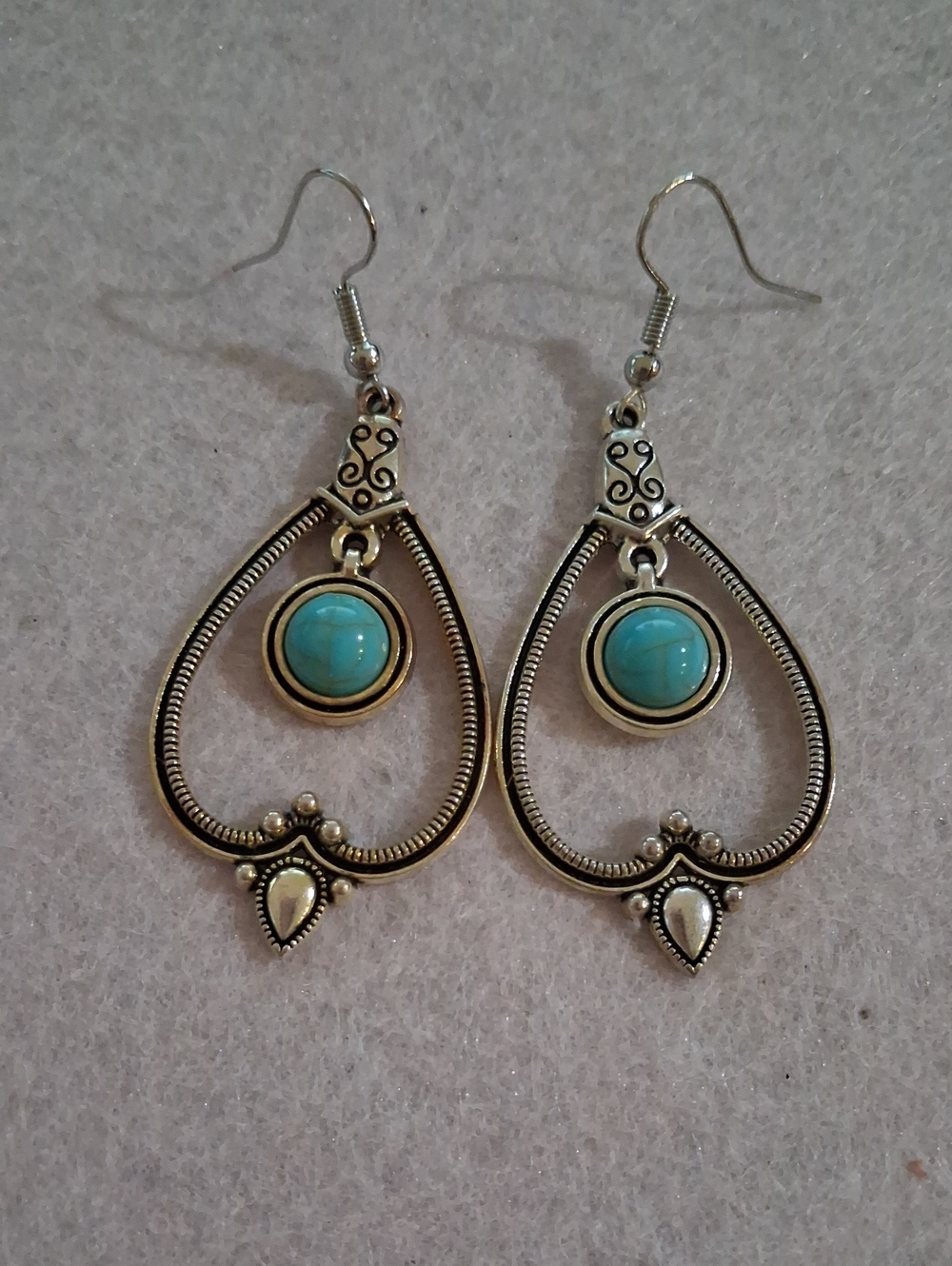 Turquoise Drop Hoop Earrings - Silver Tone Women Jewelry